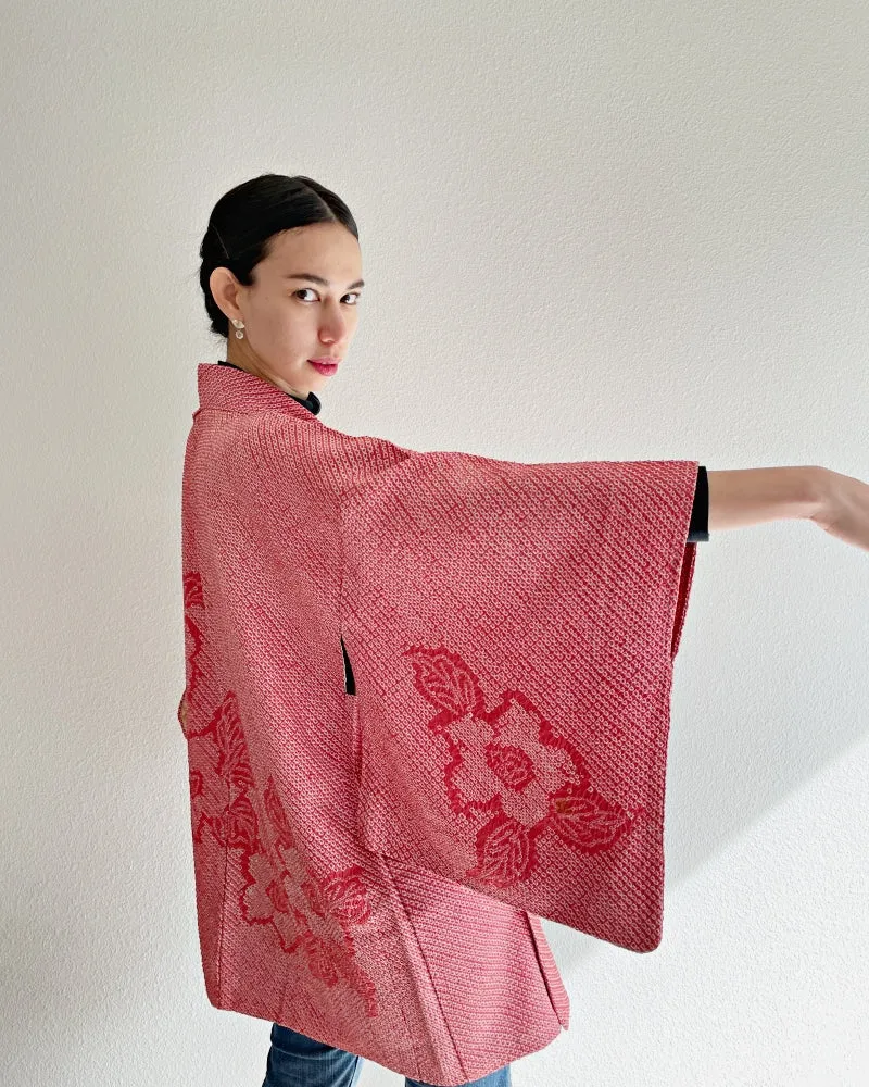 Deep Coral Bell Flower Shibori Haori Kimono Jacket