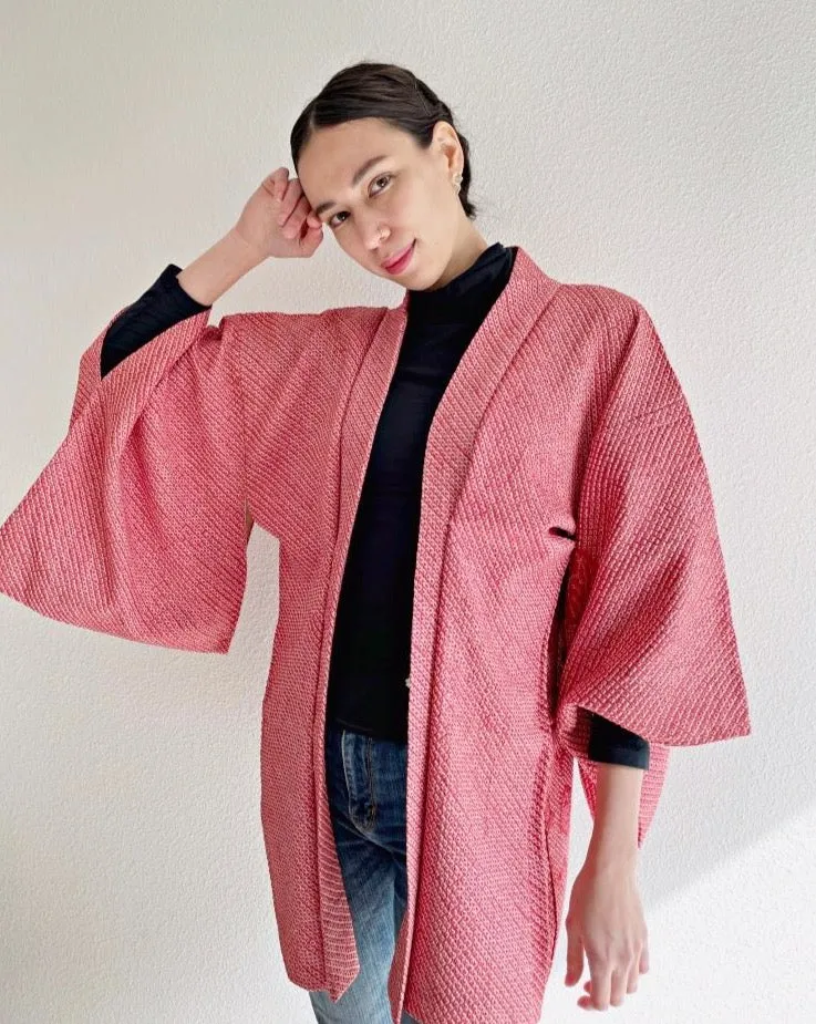 Deep Coral Bell Flower Shibori Haori Kimono Jacket