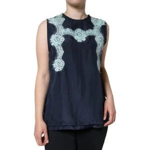 Dolce & Gabbana Blue Floral Lace Silk Sleeveless Tank Top