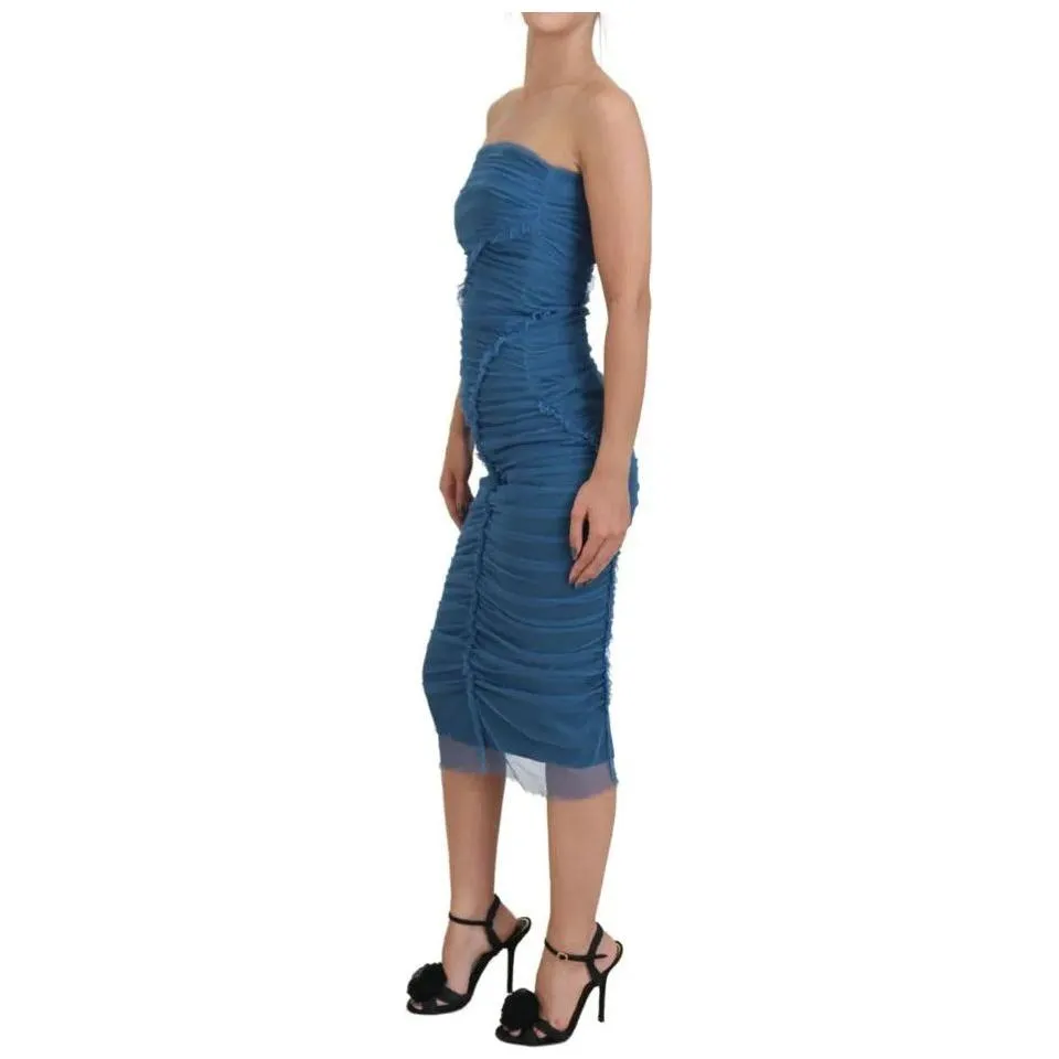 Dolce & Gabbana Blue Mesh Trim Ruched Tulle Sheath Dress