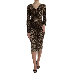 Dolce & Gabbana Brown Leopard Print Bodycon V-neck Midi Dress