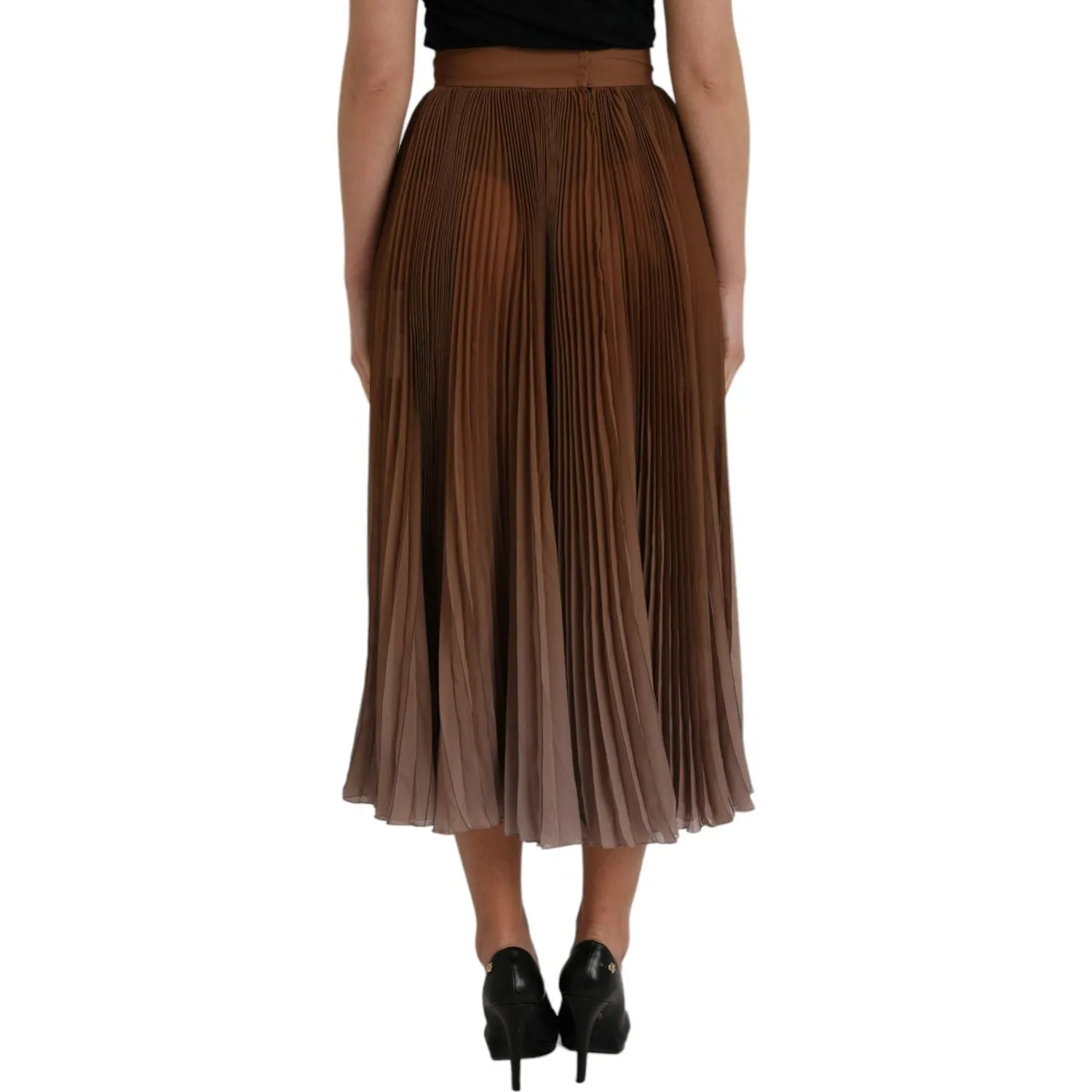 Dolce & Gabbana Brown Polyester Pleated High Waist Midi Skirt