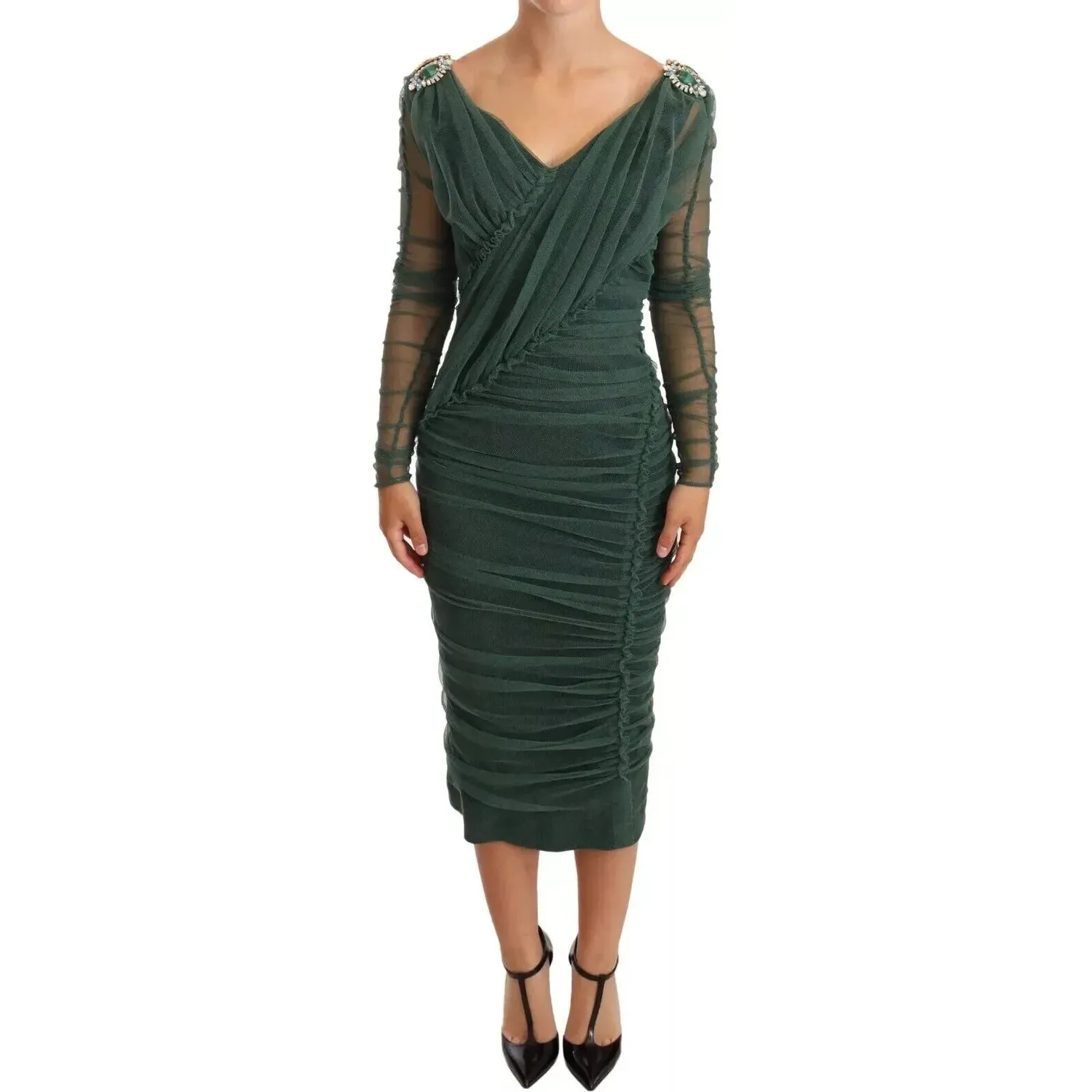 Dolce & Gabbana Green Ruched Stretch Tulle Crystal Midi Dress