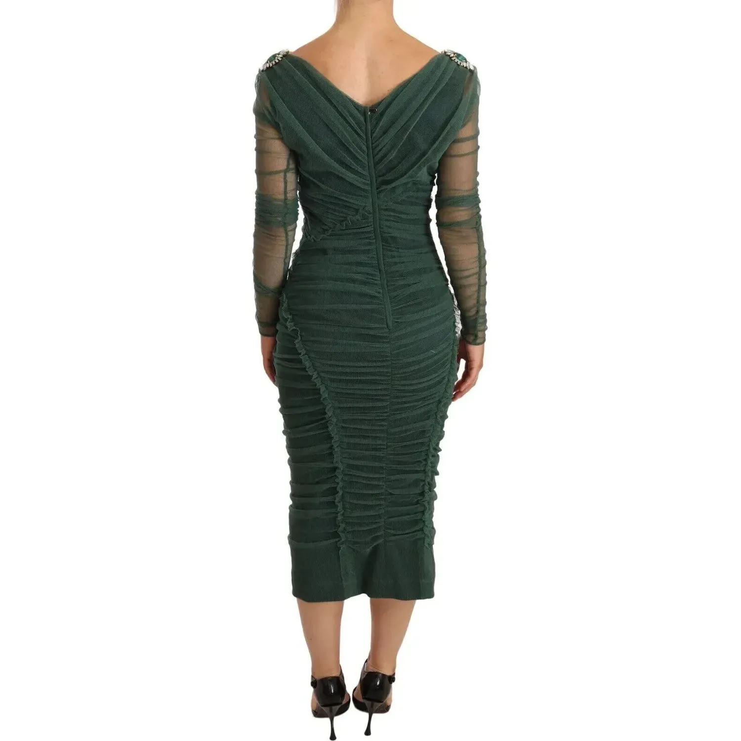 Dolce & Gabbana Green Ruched Stretch Tulle Crystal Midi Dress