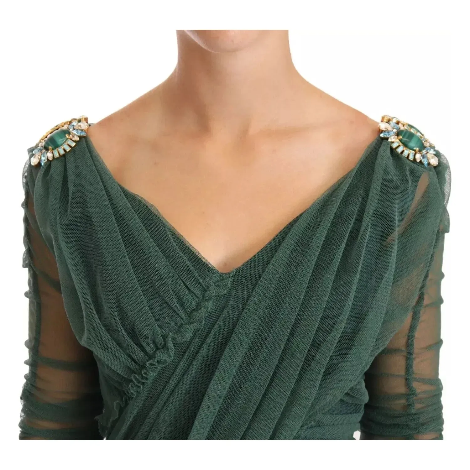 Dolce & Gabbana Green Ruched Stretch Tulle Crystal Midi Dress