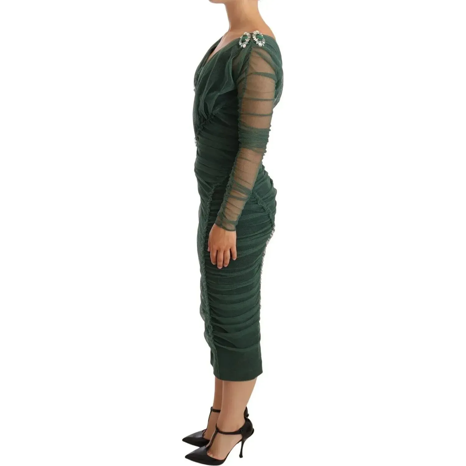 Dolce & Gabbana Green Ruched Stretch Tulle Crystal Midi Dress