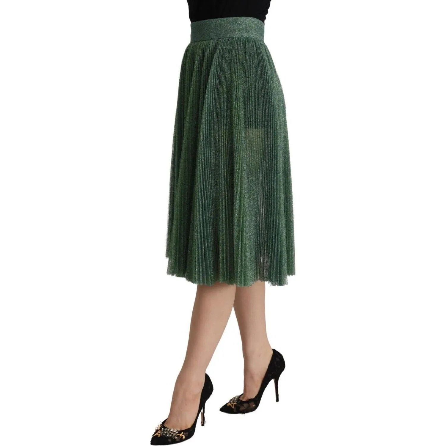 Dolce & Gabbana Metallic Green Pleated A-Line Midi Skirt