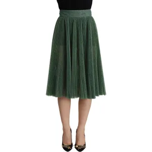 Dolce & Gabbana Metallic Green Pleated A-Line Midi Skirt