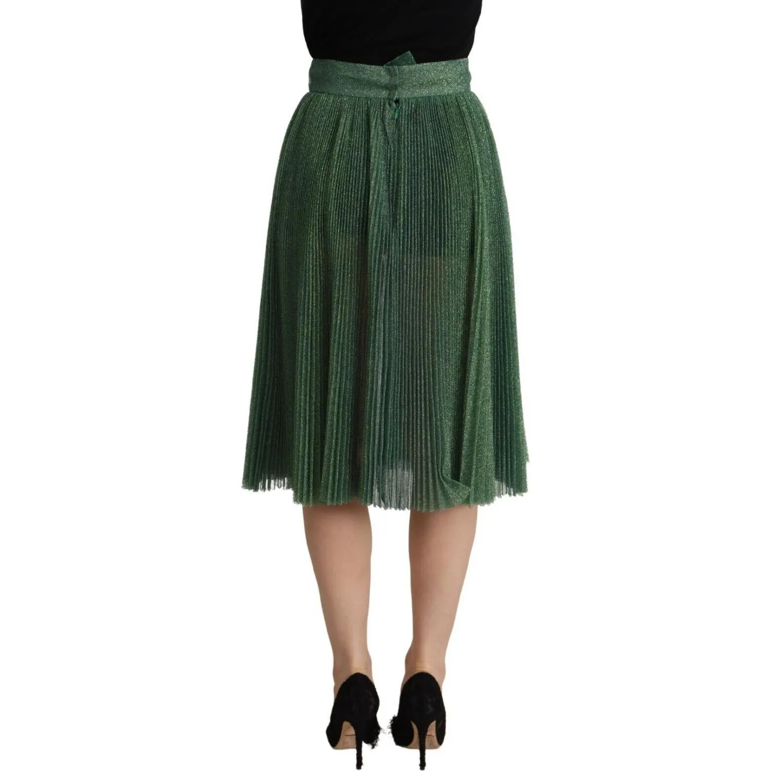 Dolce & Gabbana Metallic Green Pleated A-Line Midi Skirt