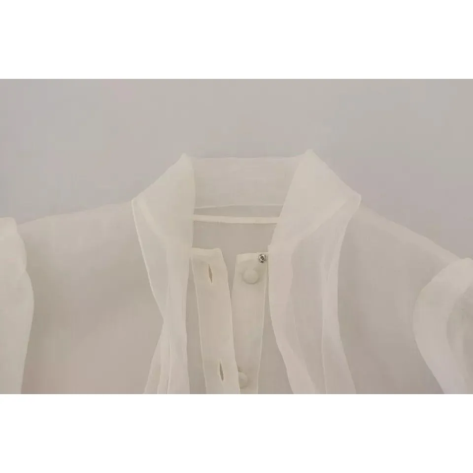 Dolce & Gabbana White Ascot Collar Long Sleeves Blouse Top