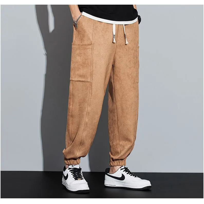 Drawstring Tapered Bellows Pocket Suede Versatile Sweatpant