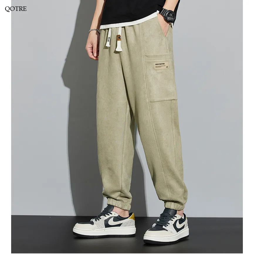 Drawstring Tapered Bellows Pocket Suede Versatile Sweatpant