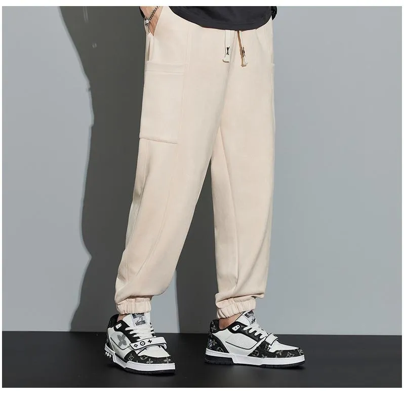 Drawstring Tapered Bellows Pocket Suede Versatile Sweatpant