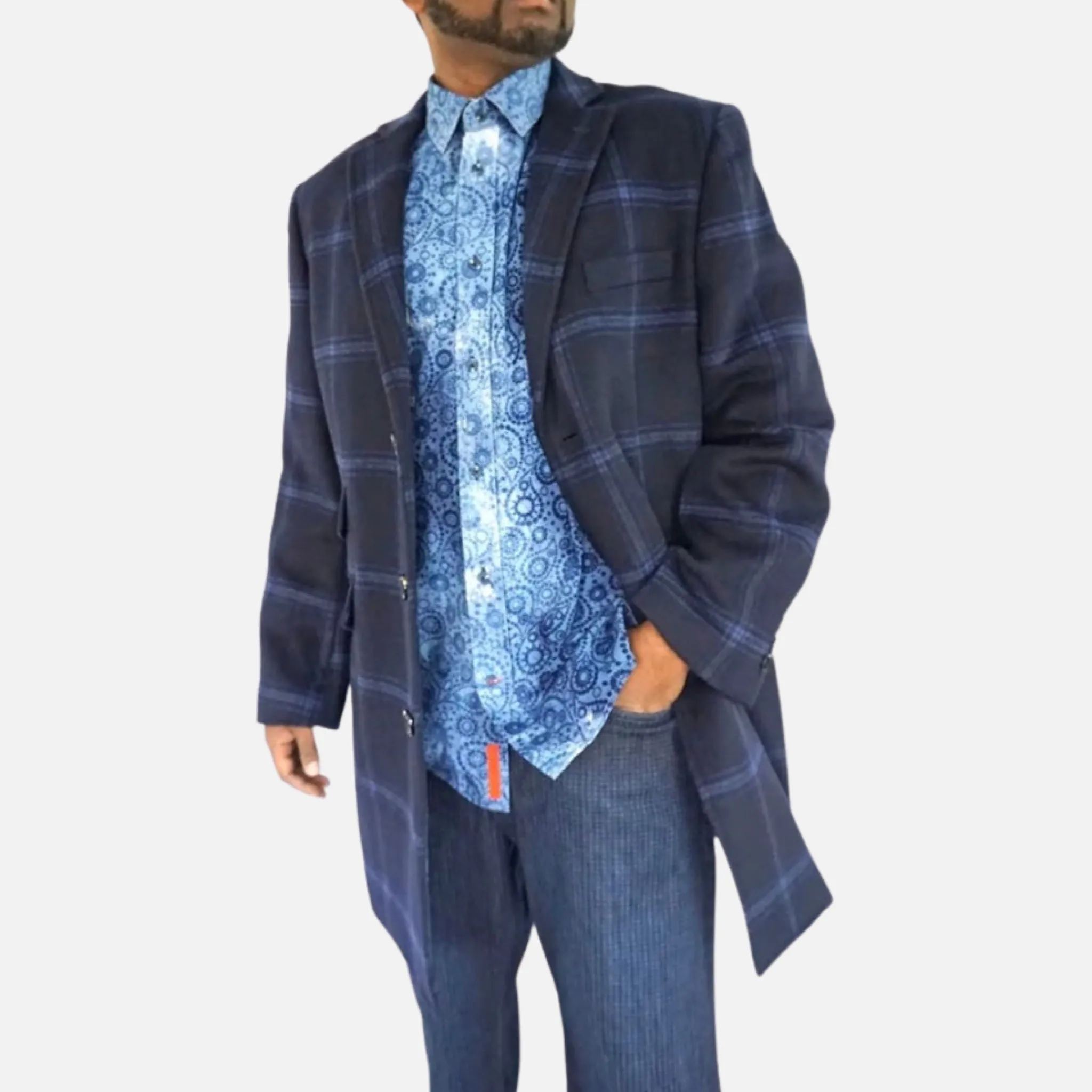 Enzo Blue Plaid Wool Carcoat for Men