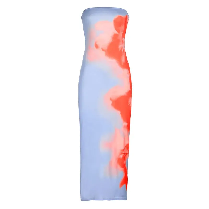 Fashion Elegant Tie Dye Holidays Long Dress Strapless Split Bodycon Club Party Sexy Summer Dresses Women Beach Print