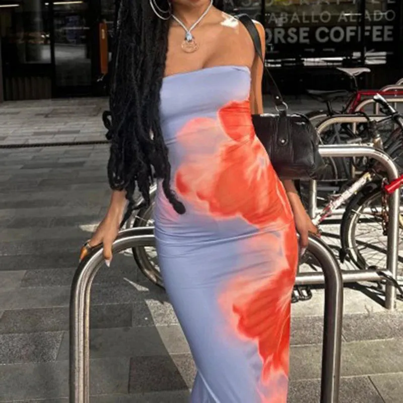 Fashion Elegant Tie Dye Holidays Long Dress Strapless Split Bodycon Club Party Sexy Summer Dresses Women Beach Print