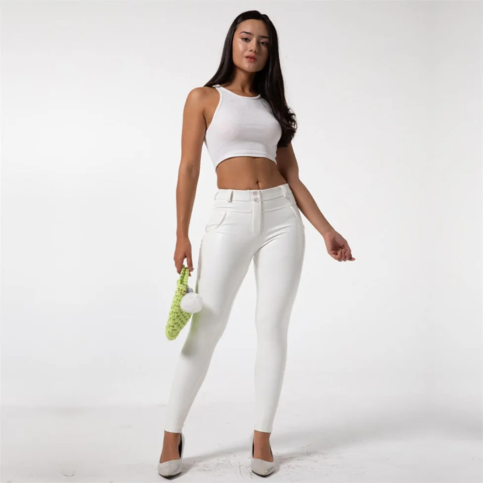 Faux Leather Leggings White Fleece Lined Jeggings Ladies Winter Women's Warm Push Up  Casual Pants