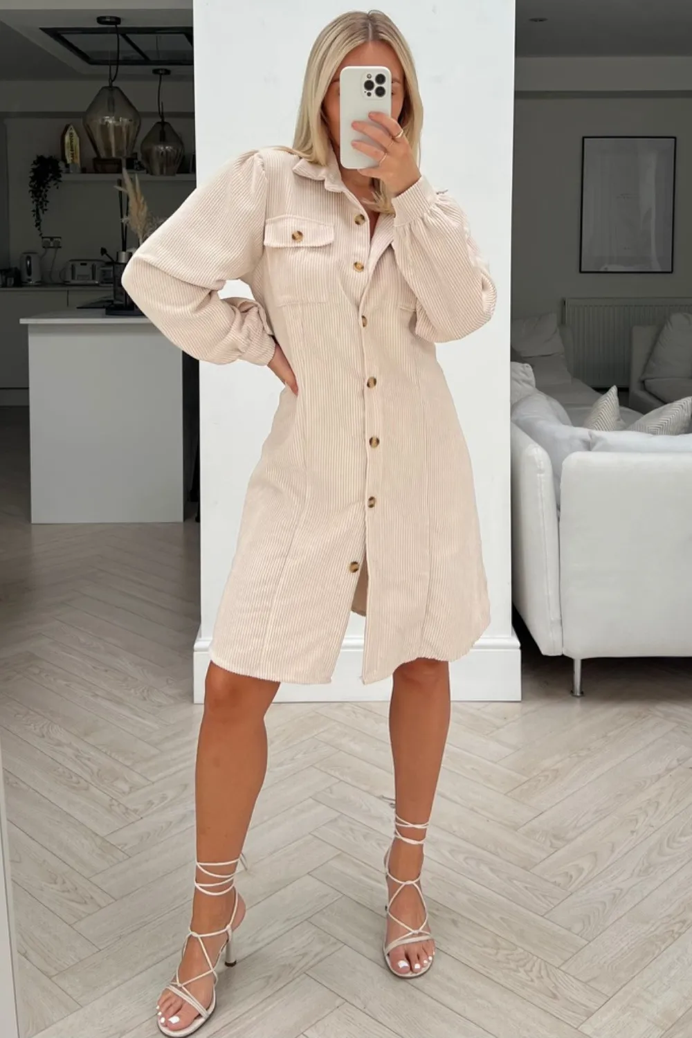 Finnley beige ribbed button up dress