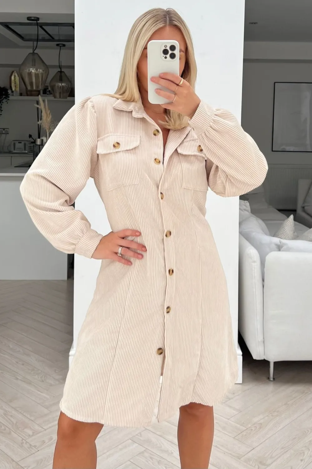 Finnley beige ribbed button up dress