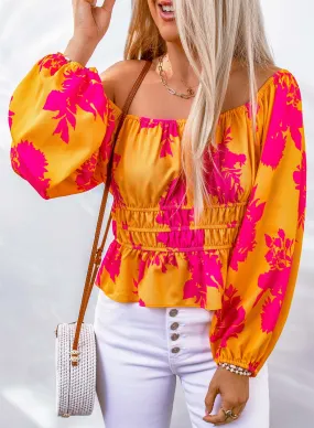 Floral Print Casual T Shirts Ruffle Off Shoulder Shift Sexy Blouse