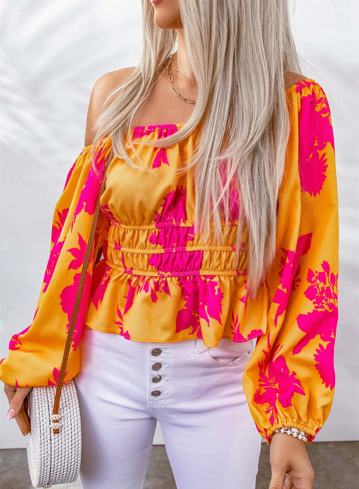 Floral Print Casual T Shirts Ruffle Off Shoulder Shift Sexy Blouse