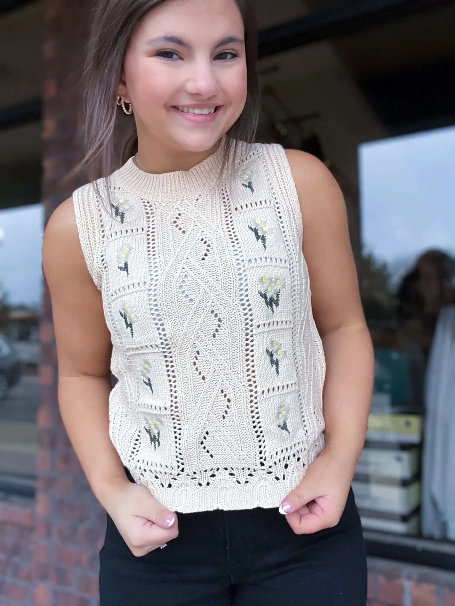 Flower Embroidered Sleeveless Sweater