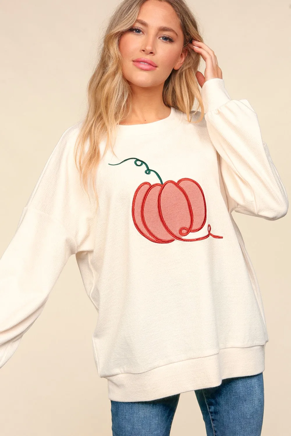 Full Size Embroidery Pumpkin Long Sleeve Knit Top