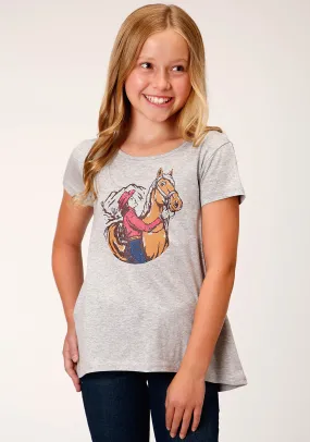 GIRLS SHORT SLEEVE POLY RAYON HEATHER GREY SWING TEE WITH V BACK AND SCREEN PRINT DECORATION