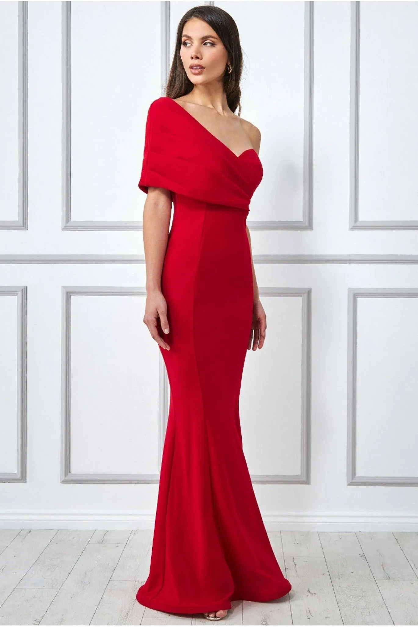 Goddiva One Shoulder Fan Maxi Dress - Red