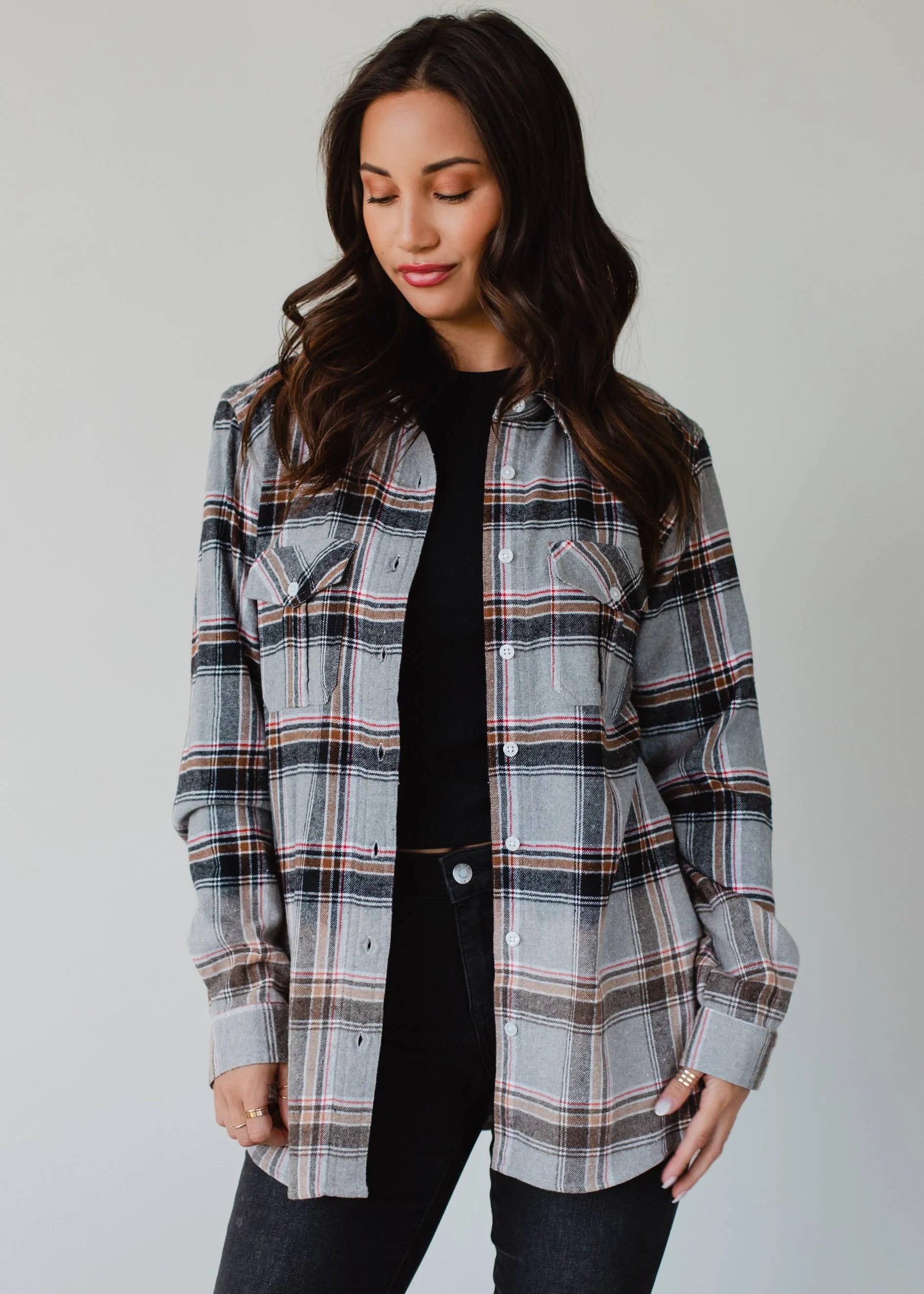 Gray, Red, Camel & Black Plaid Flannel