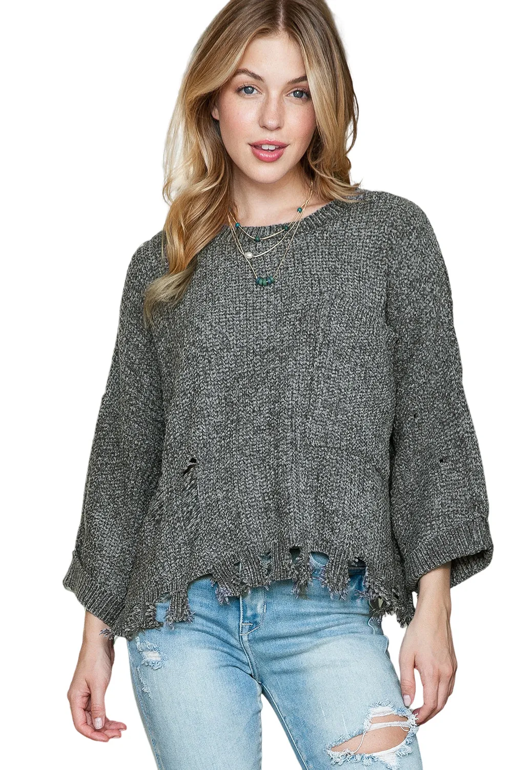 Grey Pocket Ripped Raw Hem Chunky Pullover Sweater