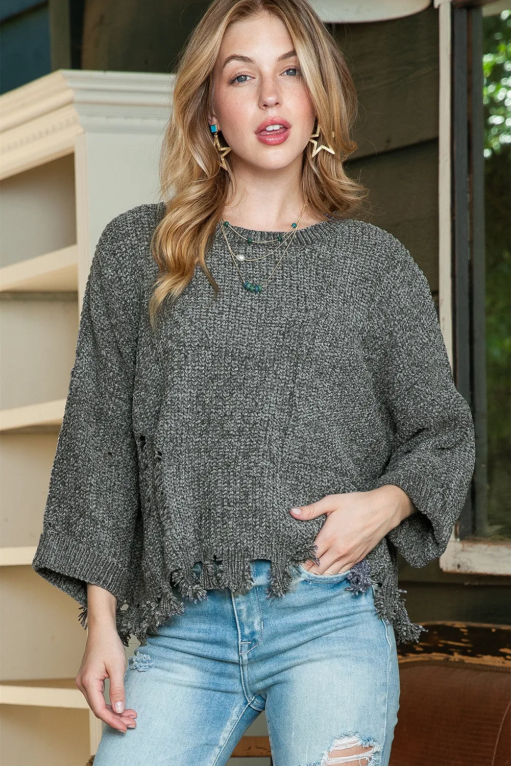 Grey Pocket Ripped Raw Hem Chunky Pullover Sweater