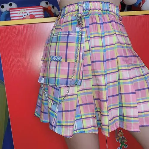 Harajuku Pocket Rainbow Pleated Skirt