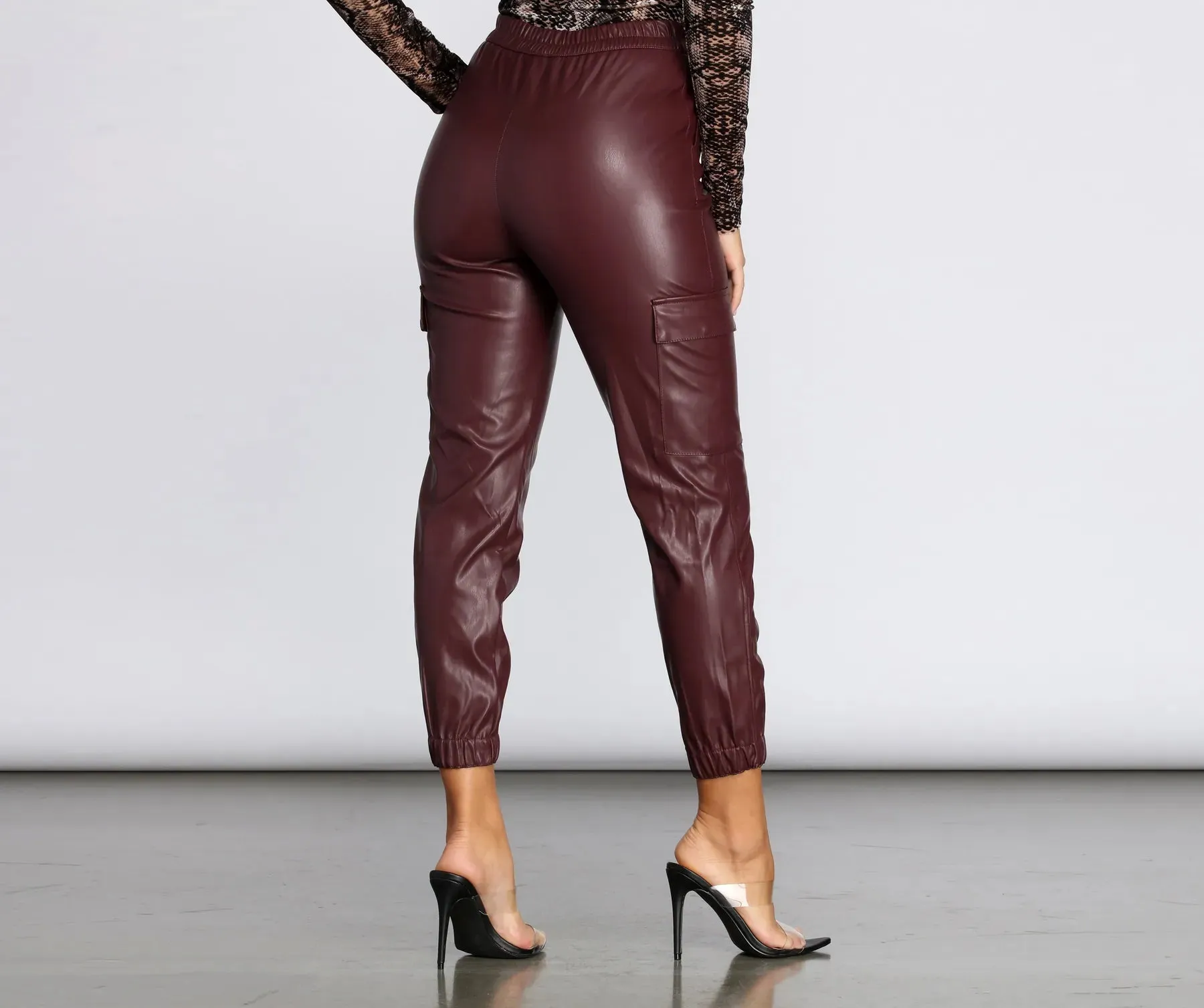 High Rise Faux Leather Cargo Joggers