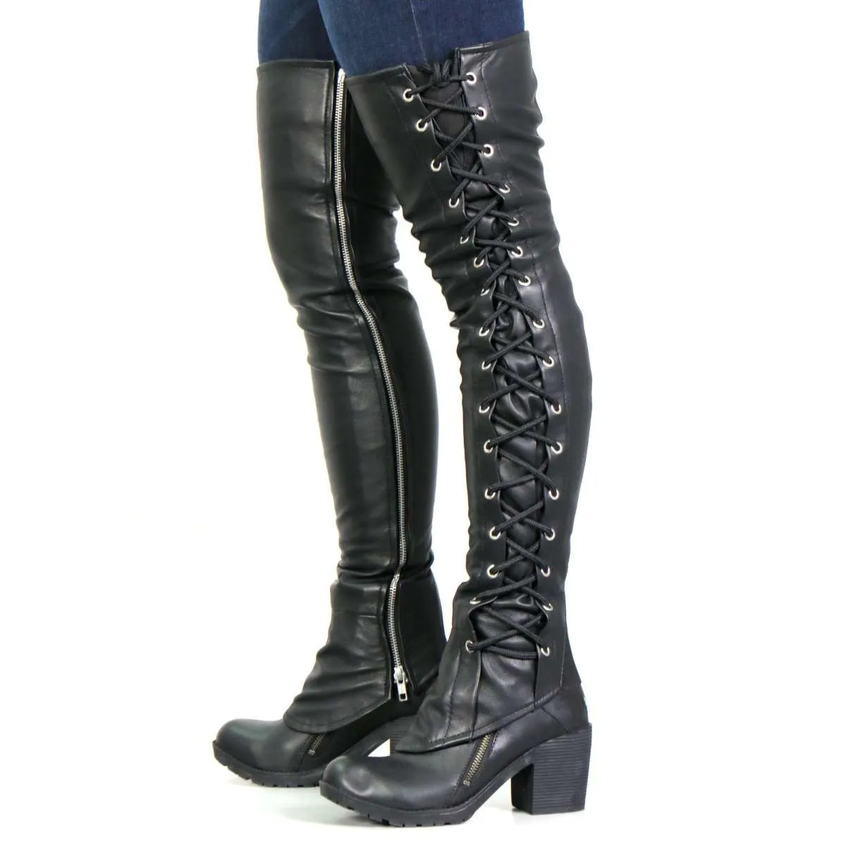 Hot Leathers LCU1003 Ladies Black Lambskin Leather Leggings with Black Side Lace