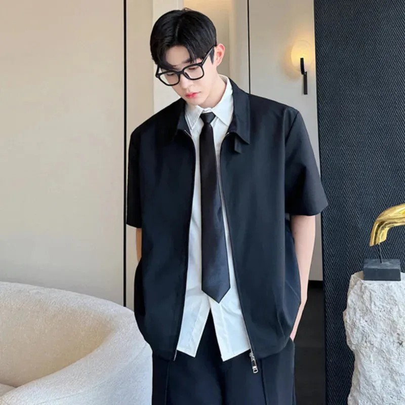 Korean Style Men's Jacket Double Zippers Turn-down Collar Short Sleeve Shoulder Pad Male Coats Summer 9C6310