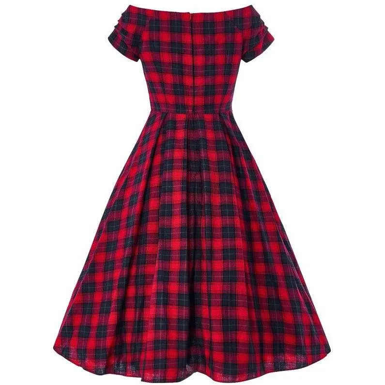 Lily Off Shoulder Red Tartan Swing Dress