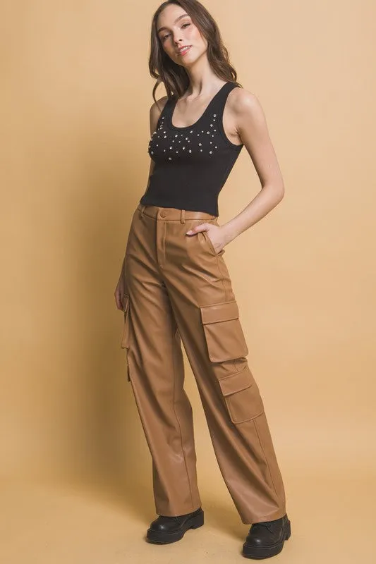 Love Tree PU Leather Cargo Pants