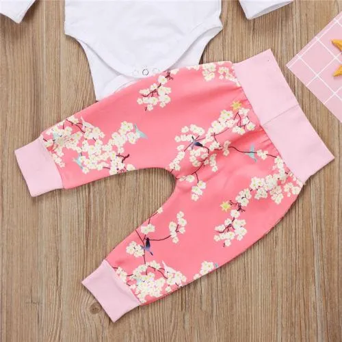 Lovely Pink Color Baby Girls Cotton Romper Long Flower Pants Leggings Hat 4Pcs Outfit Clothes