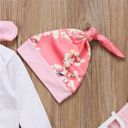 Lovely Pink Color Baby Girls Cotton Romper Long Flower Pants Leggings Hat 4Pcs Outfit Clothes