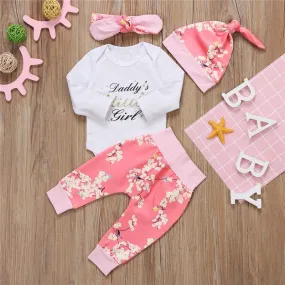 Lovely Pink Color Baby Girls Cotton Romper Long Flower Pants Leggings Hat 4Pcs Outfit Clothes