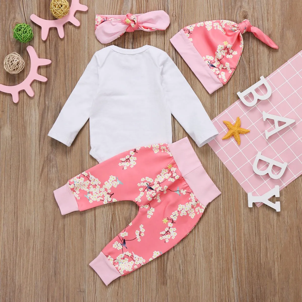 Lovely Pink Color Baby Girls Cotton Romper Long Flower Pants Leggings Hat 4Pcs Outfit Clothes