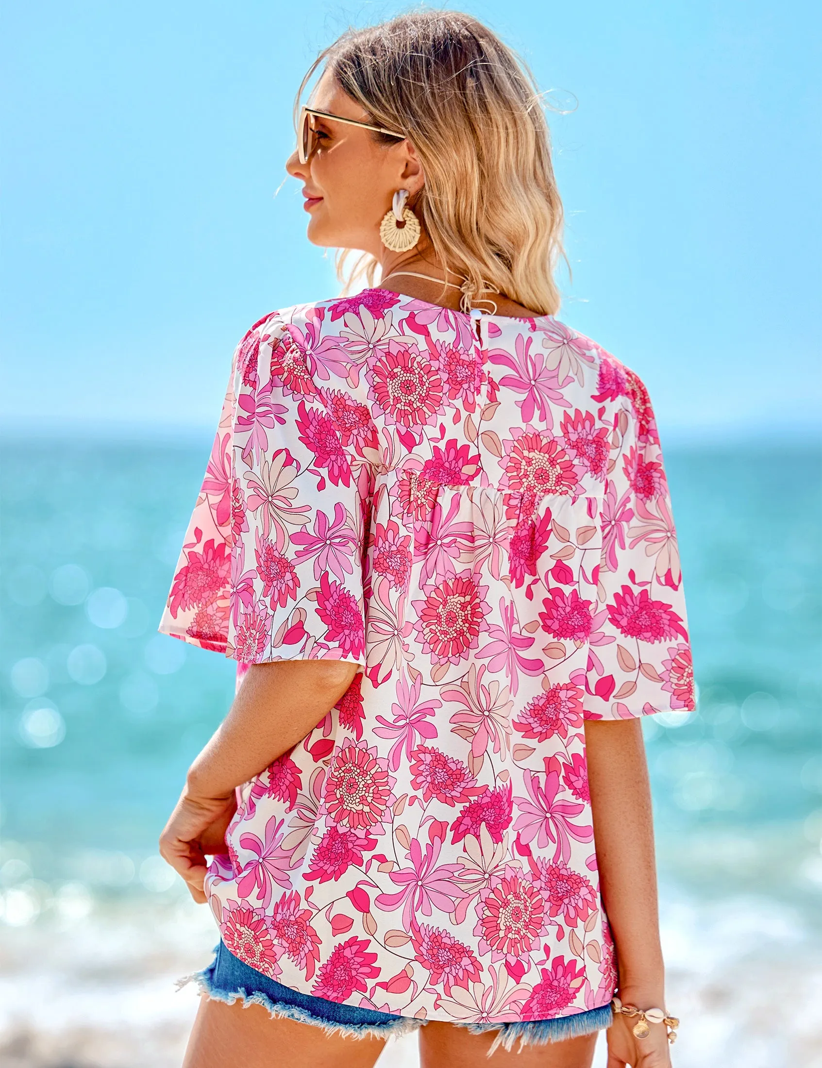 luvamia 2023 Blouses for Women Dressy Casual Floral Boho Babydoll Flowy Tops Summer Short Bell Sleeves Shirts