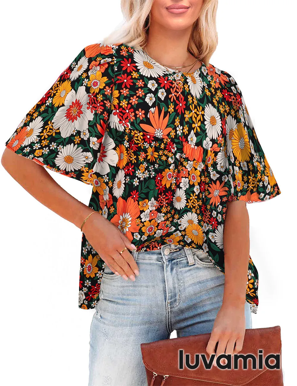 luvamia 2023 Blouses for Women Dressy Casual Floral Boho Babydoll Flowy Tops Summer Short Bell Sleeves Shirts