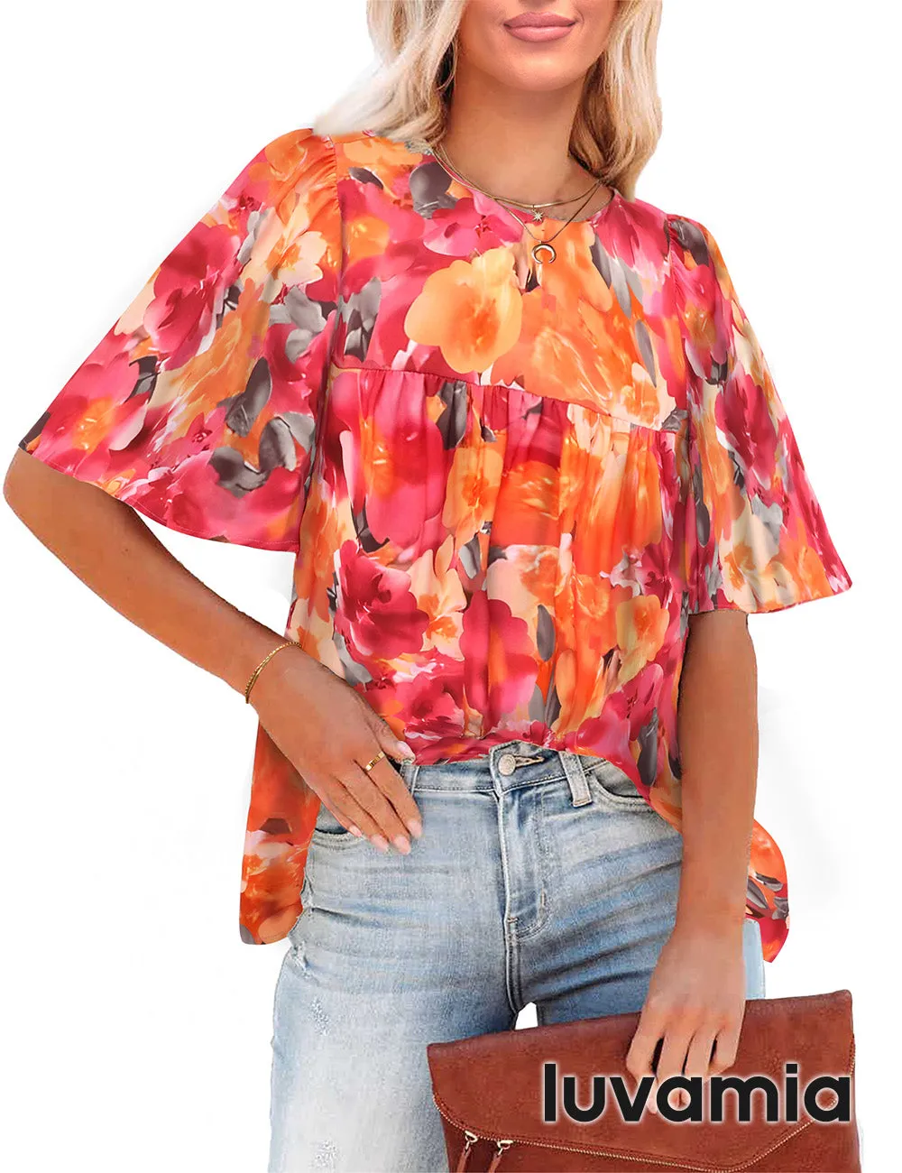 luvamia 2023 Blouses for Women Dressy Casual Floral Boho Babydoll Flowy Tops Summer Short Bell Sleeves Shirts