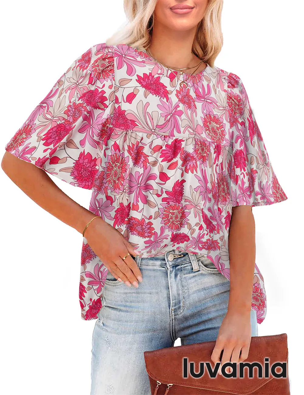 luvamia 2023 Blouses for Women Dressy Casual Floral Boho Babydoll Flowy Tops Summer Short Bell Sleeves Shirts