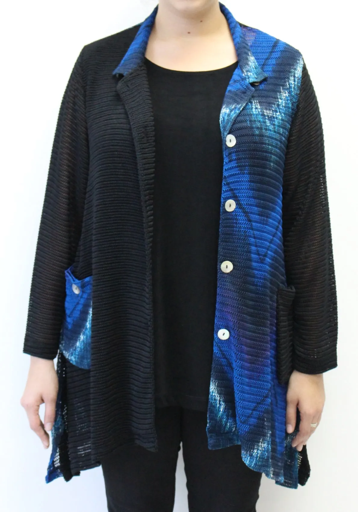 Mandarin Loose Weave Knit Jacket, Blue & Black