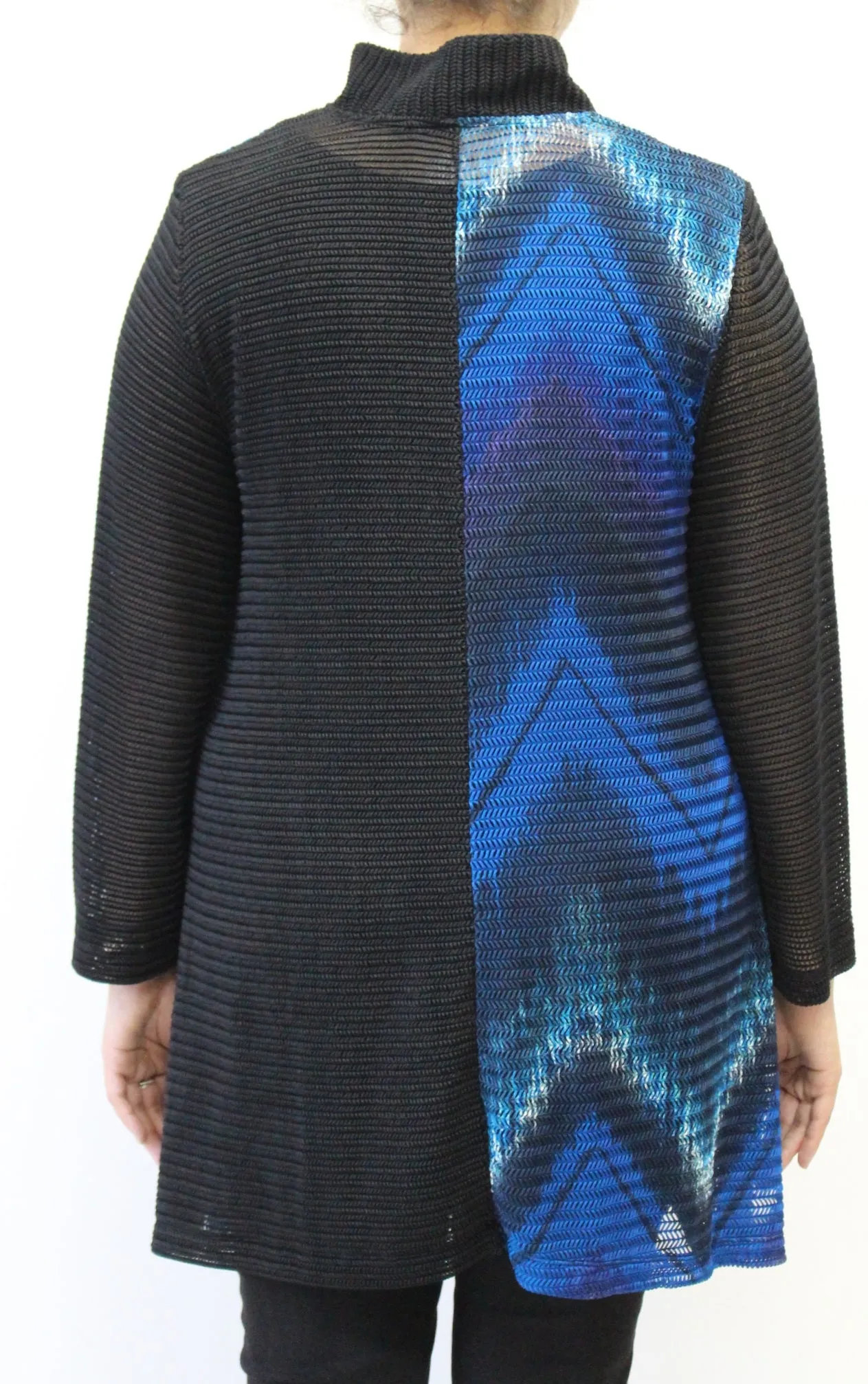 Mandarin Loose Weave Knit Jacket, Blue & Black