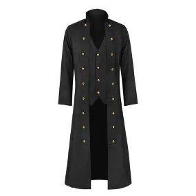 Mens Retro Medieval Solid Color Long Sleeve Stand Collar Three Breasted Mens Coat Strap Waist Length Stockade Jacket