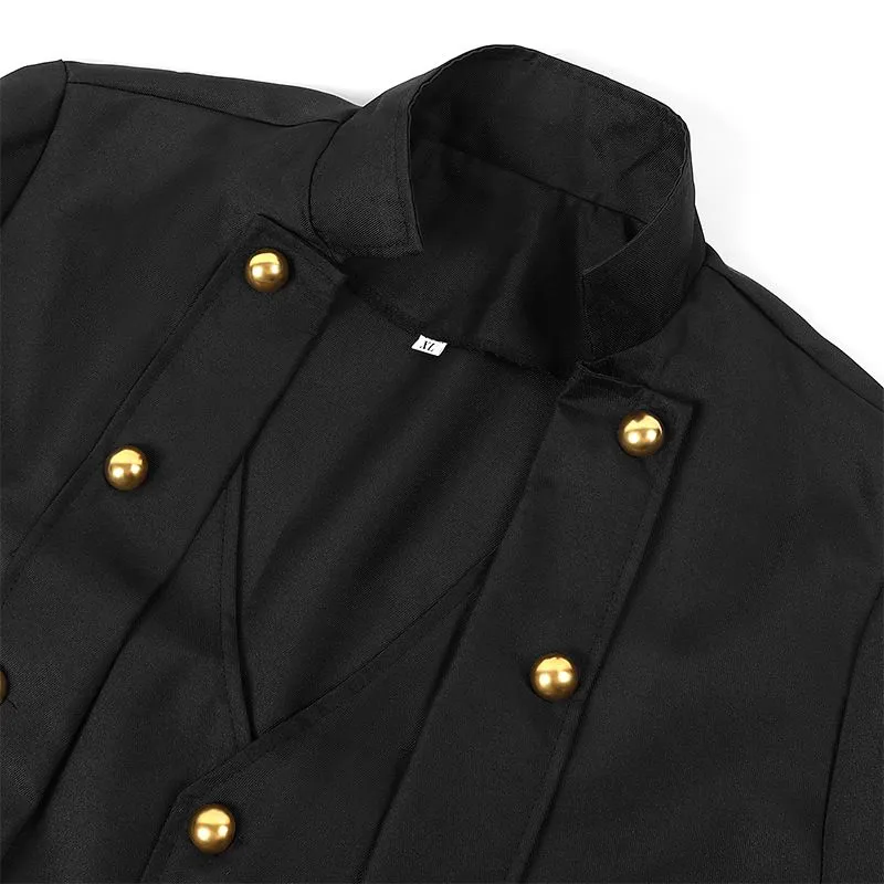 Mens Retro Medieval Solid Color Long Sleeve Stand Collar Three Breasted Mens Coat Strap Waist Length Stockade Jacket